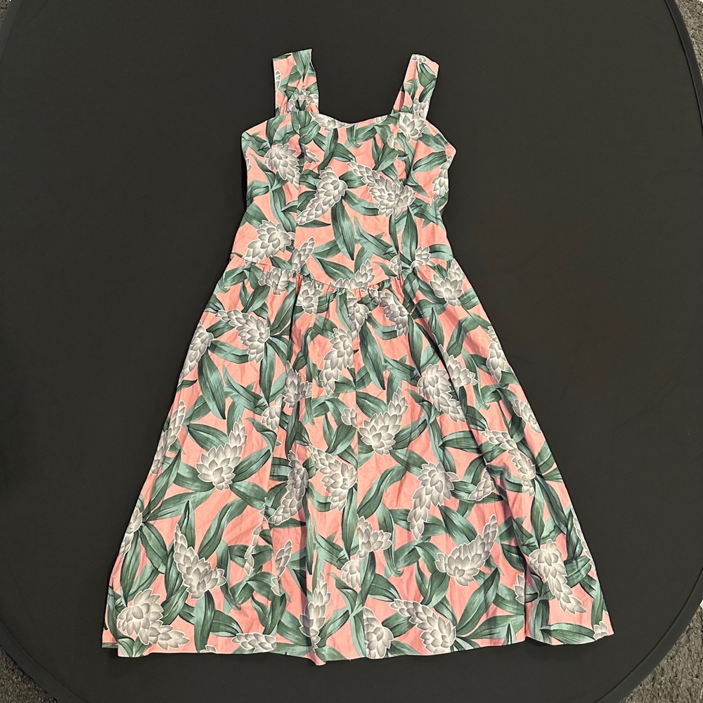 Hilo Hattie Floral Tropical Ginger Midi Dress Pink XL Womens Hawaii Smocked